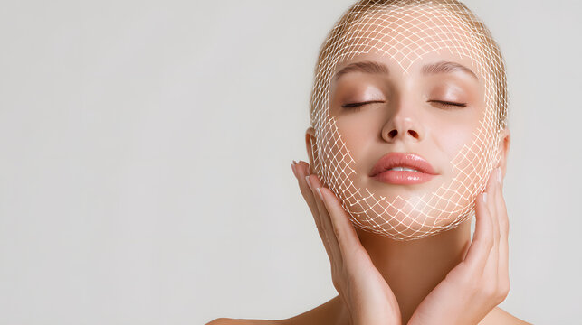 A woman who squints her eyes touches her cheek while a fine white facial mesh covers her face and neck on a clean background. It's perfect for skin analysis, cosmetic treatments, and beauty tech ads.