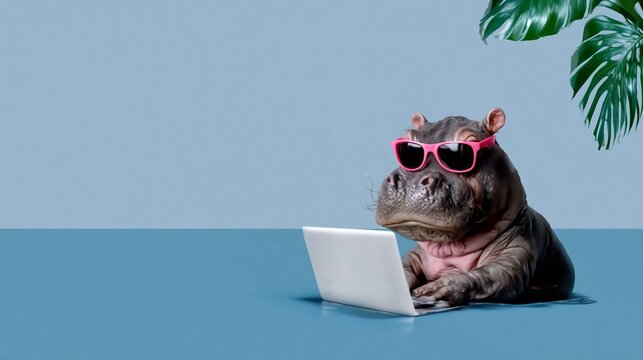 Hippo wears pink sunglasses, sits at laptop. Blue backdrop, green leaf in corner. Focus on calm, humorous, tech-savvy vibe. Perfect for modern, quirky, or office-themed visuals. Animal: hippopotamus