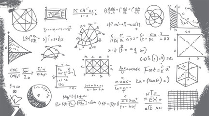 Fototapeta premium Hand drawn collection of complex mathematical equations geometric shapes and scientific diagrams on a textured white background