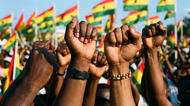 Juneteenth freedom day celebration raised fists and ghana flags symbolize liberation