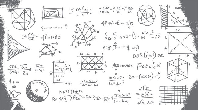 Hand drawn collection of complex mathematical equations geometric shapes and scientific diagrams on a textured white background