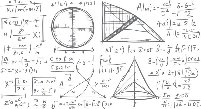 Hand drawn mathematical equations and geometric diagrams on a white background mathematics formula science