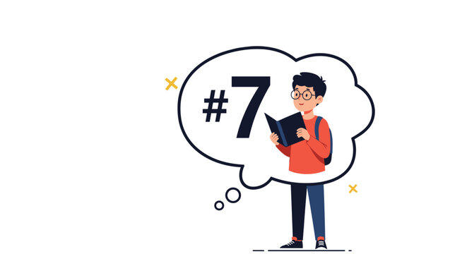 Young student with glasses and a backpack reads a book inside a large thought bubble containing the number seven, representing learning.