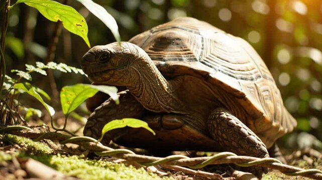 Close-up of a large tortoise in a forest, basking in sunlight with lush green foliage around.