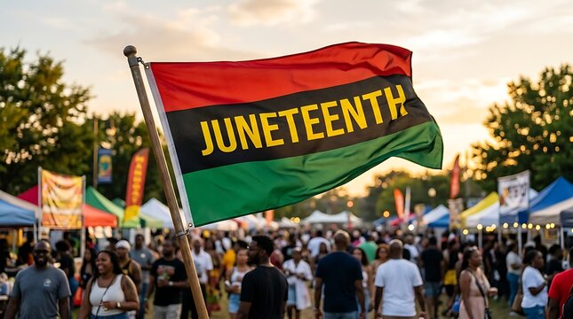 Juneteenth freedom day celebration flag waving over crowd at festival