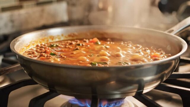 Savory Gnocchi and Ground Meat Sauce Simmering in a Stainless Steel Skillet on a Gas Stove