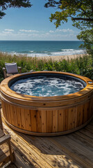 Fototapeta premium Luxurious outdoor wooden hot tub with bubbling water on rustic deck overlooking serene sandy beach and vast blue ocean under clear sunny sky, perfect for coastal relaxation