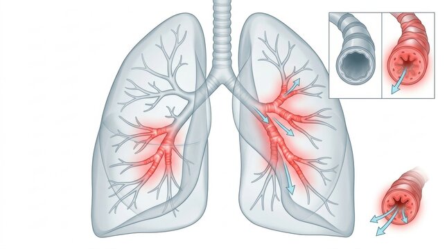 Illustration of constricted airways in the lungs showing difficulty breathing