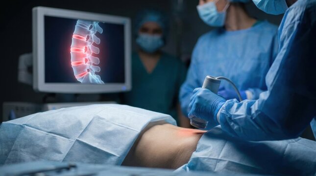 Surgeons use ultrasound and spinal imaging during a medical procedure