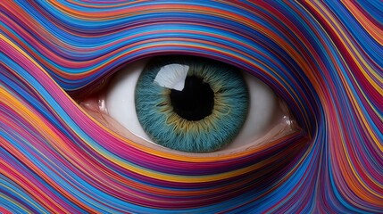 Vibrant colors swirl around a vivid green eye. The eye gazes directly, holding intense focus. Patterns pulse with rainbow hues, creating surreal movement. It feels alive, mysterious