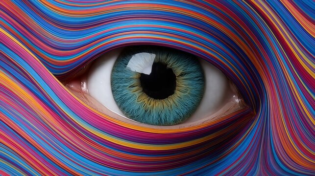 Vibrant colors swirl around a vivid green eye. The eye gazes directly, holding intense focus. Patterns pulse with rainbow hues, creating surreal movement. It feels alive, mysterious