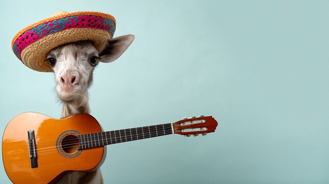 Cute goat wears colorful sombrero. It holds guitar with gentle posture. Soft blue background highlights the scene. Playful expression shows curious delight. Perfect for festive or whimsical projects
