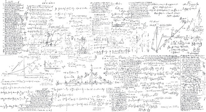 Handwritten scientific equations formulas graphs and diagrams on a white background science mathematics