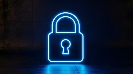 Fototapeta premium Closed padlock outline neon sign with blurred bokeh background as clean cutout