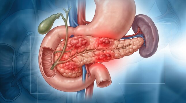 Illustration of the pancreas showing inflammation and tumors affecting digestive organs