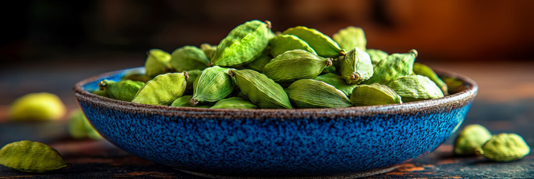 Detailed, close-up shot showcases vibrant blue ceramic bowl filled with fresh green cardamom pods, set against rustic, textured background with shallow depth of field, highlighting spice's natural bea