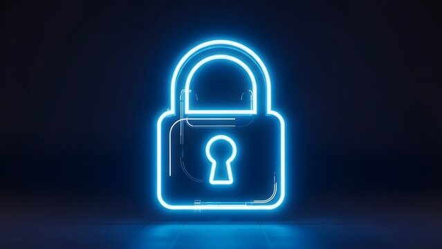 Blue neon padlock icon symbolizing security as PNG element