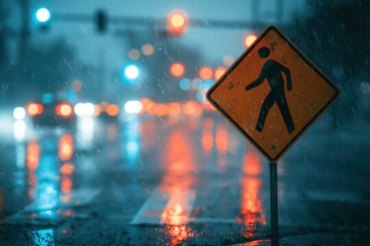 A pedestrian crossing sign stands out against a blurred, rainy city street with colorful bokeh lights reflecting on wet asphalt.