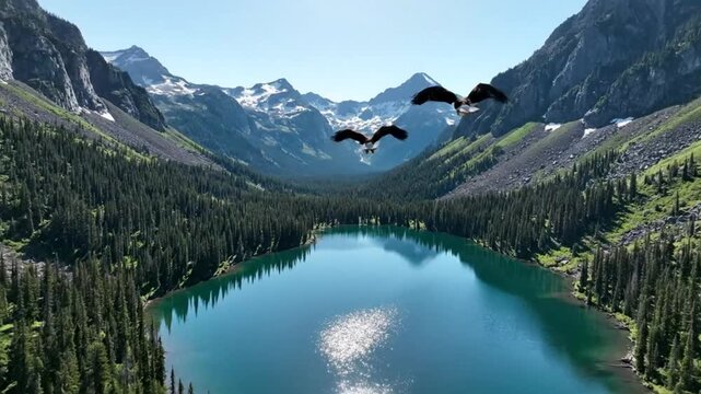 Scenic aerial view of majestic eagles soaring over pristine alpine lake surrounded by evergreen forest and snow-capped mountains