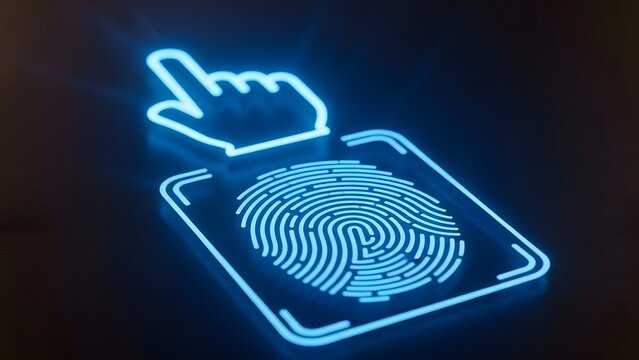 Neon fingerprint scan icon with hand pointer for biometric as transparent cutout