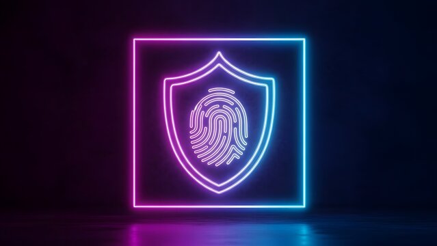 Neon shield with fingerprint icon representing biometric as isolated element