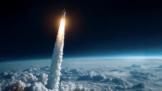 Rocket flying into the sky after launch, exhaust flames, daylight cinematic view from onboard camera looking down
