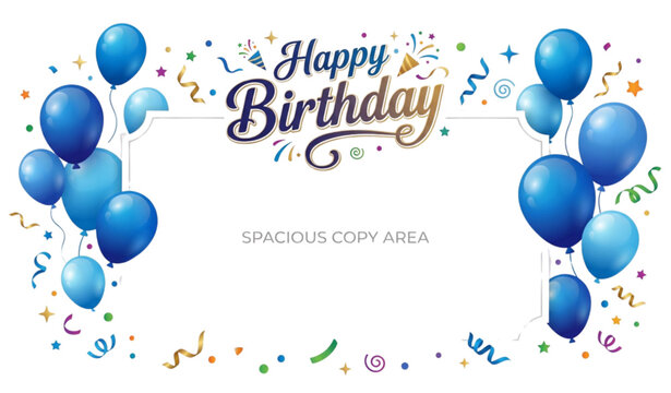 Happy birthday greeting vector template with blue balloons confetti and festive celebration design