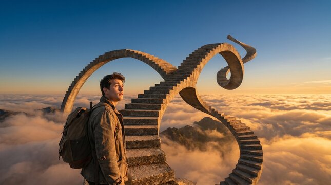 An image of a  man walking on impossible 
staircases floating above clouds at golden hour 
as a surreal life journey concept