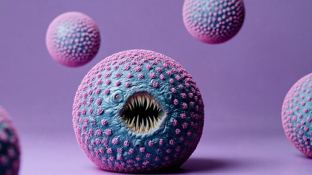 Purple spheres with spiky textures float against a matching background. One sphere reveals a gaping, toothed maw. Fuzzy, alien-like creatures dominate the composition. Vibrant hues evoke surreal