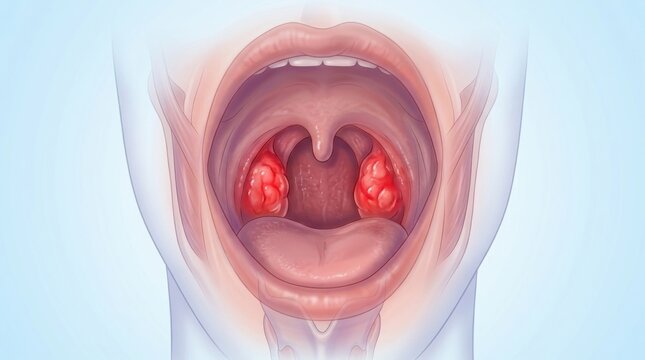 Close-up illustration of inflamed tonsils within an open mouth, showing redness and swelling