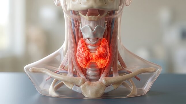 Close-up 3D rendering of the human thyroid gland with inflammation highlighted