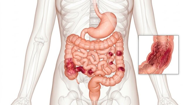 Digestive system showing inflammation and diverticula in the large intestine