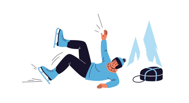 Person wearing blue winter clothing slipping and falling backwards on an ice rink while skating outdoors on a cold and snowy winter day.