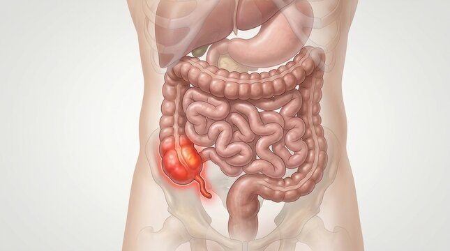 Illustration of inflamed appendix within the human digestive system anatomy