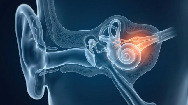 Detailed 3D illustration of the human ear anatomy with highlighted inner ear structures