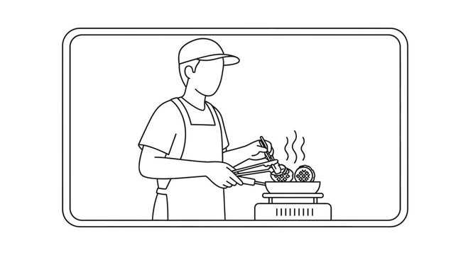 Chef cooking food on a stove with steam rising, line art illustration