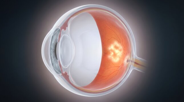 Cross-section of human eye showing retinal detachment and optic nerve