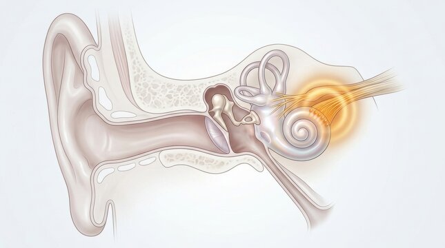 Detailed illustration of the human ear anatomy showing sound waves entering the cochlea