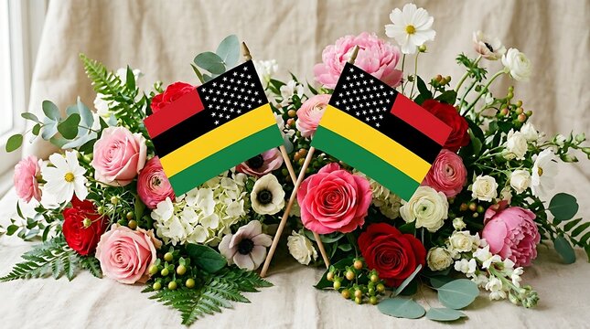 Juneteenth freedom day celebration floral arrangement with pan african flags