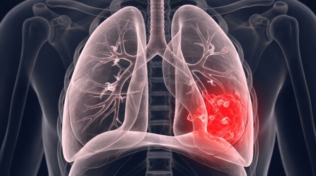 3D rendering of human lungs with a tumor highlighted in red on the right side