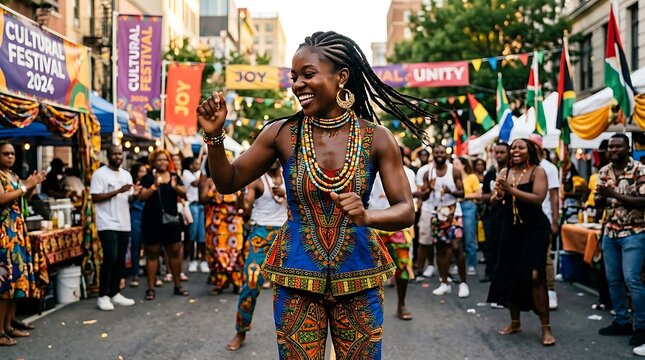 Juneteenth freedom day celebration joyful woman dancing in cultural festival parade