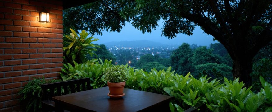 Nikmati teh sore di kafe balkon yang sejuk dan nyaman hari ini