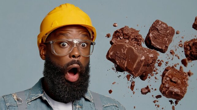 Bearded man wears hard hat and glasses. He looks shocked as chocolate shatters mid-air. Bold expression suggests surprise or delight. Ideal for humorous or surreal construction themes