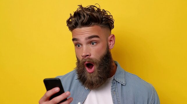 Bearded man stares at phone with wide eyes and open mouth. Bright yellow background makes his reaction pop. He's dressed casually in a denim shirt. His look conveys surprise or excitement