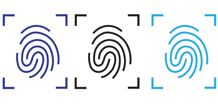 Biometric fingerprint scanning icons set, digital security identity verification symbols, blue and black thumbprint recognition vector graphics