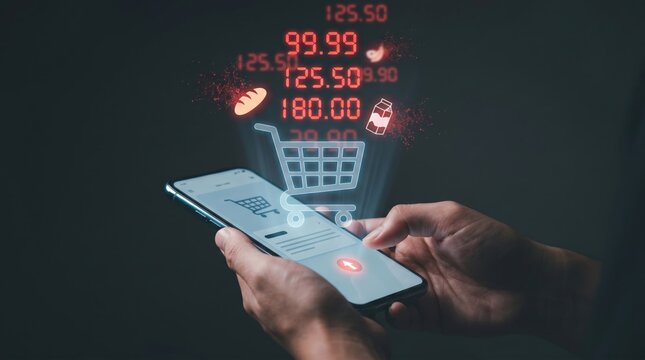 Economic Inflation and Cost of Living Crisis: Smartphone displaying Skyrocketing Red Price Digits with Disintegrating Holographic Bread and Milk Icons
