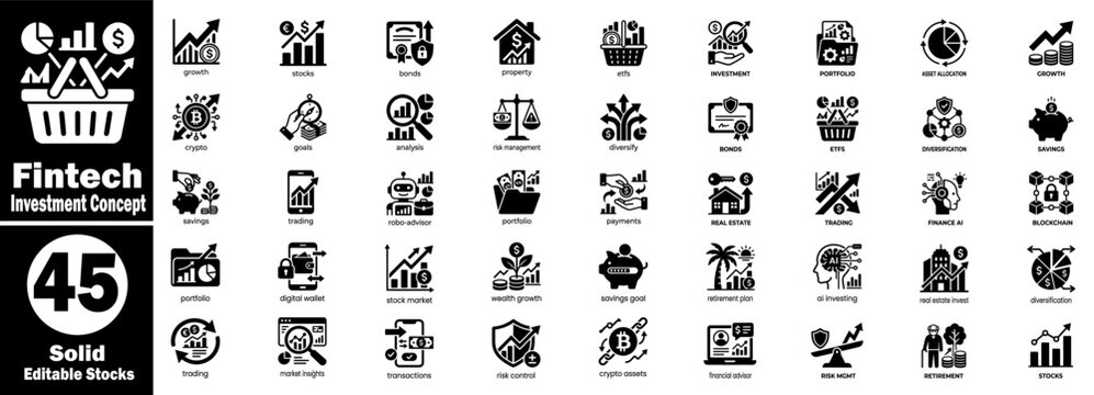 Fintech investment concept icons set, business, growth, crypto, stock, market, finance vector illustration. 