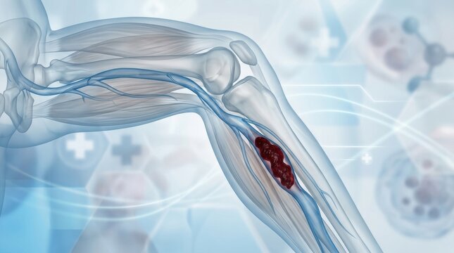 Medical illustration of a blood clot forming within a human vein
