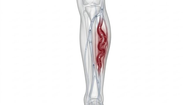 Medical illustration of a diseased leg vein with blood flow obstruction