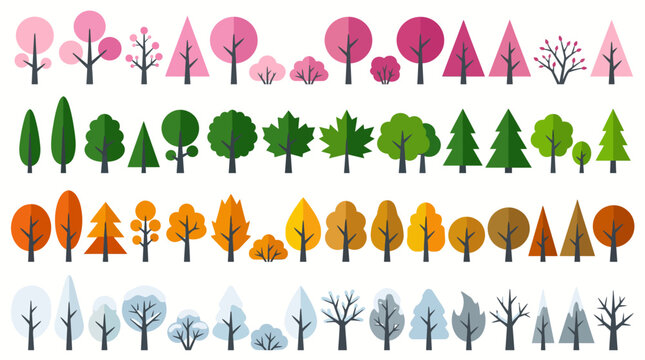 Collection of Minimalist Flat Trees for All Seasons Vector Illustration